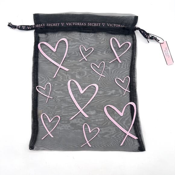 VICTORIAS SECRET Lingerie Sheer Black Pink Heart Drawstring Bag Pouch X2 NEW - Picture 3 of 9